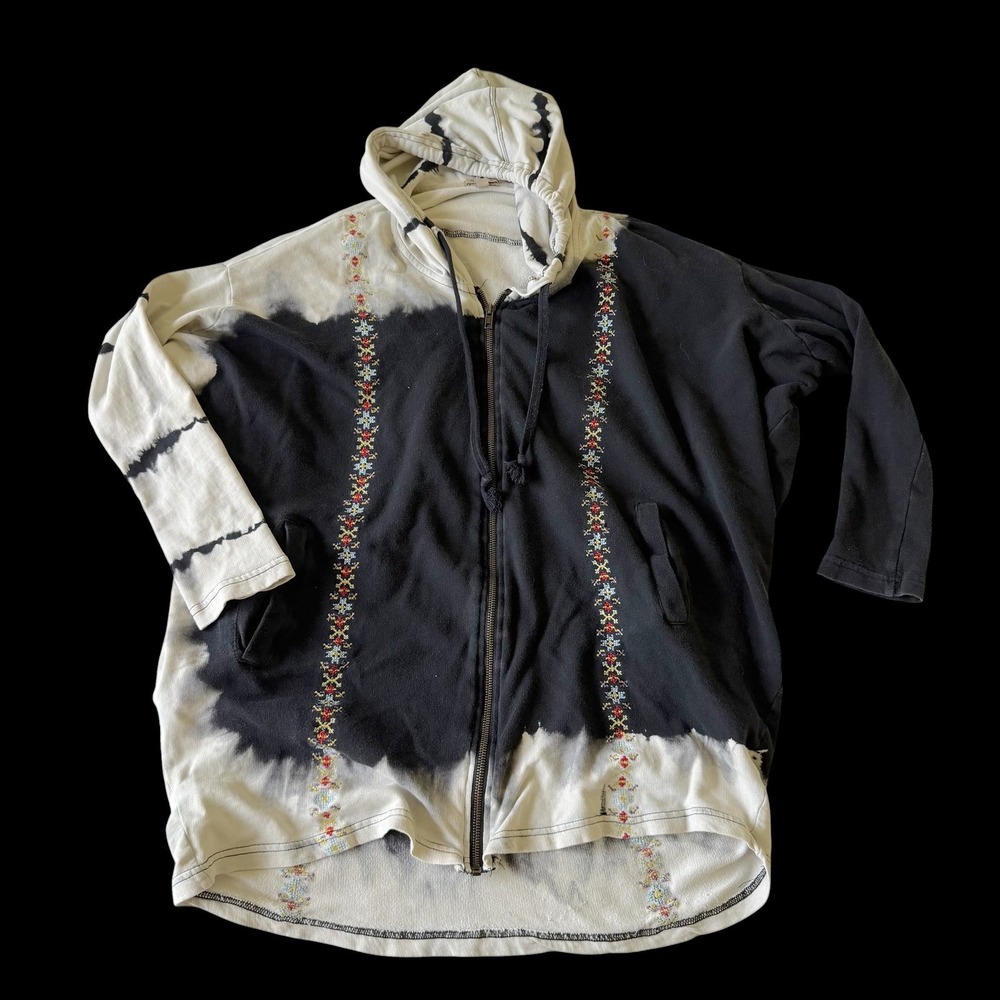 Anama Tie Dye Embroidered Zip Up Hoodie Black White Cotton Boho Jacket‎ M/L